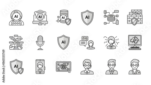 Artificial Intelligence and Data Security Icon Set, AI Chatbot, Cyber Protection, Digital Customer Service, and Machine Learning Line Icons