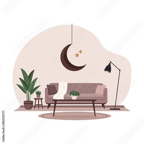 Cozy Living Room with Crescent Moon Decor and Plants