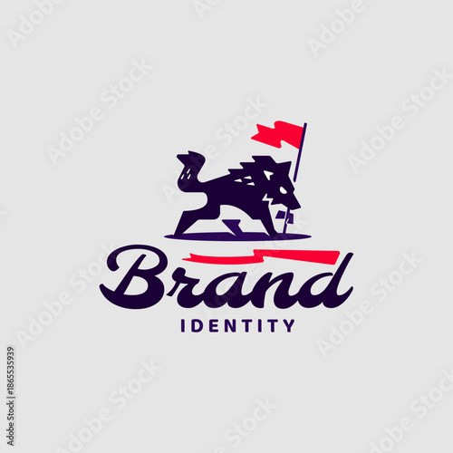 Modern wolf logo design with flag icon for brand identity