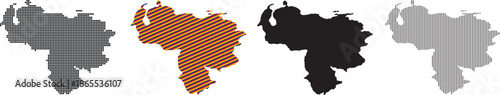 Four stylized Venezuela maps explore national identity through dots, flag stripes, silhouette, and black vertical