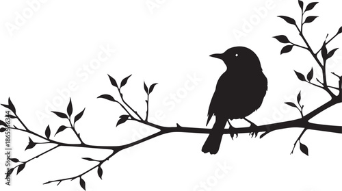 Black silhouette bird sitting on branch with leaves isolated on white background