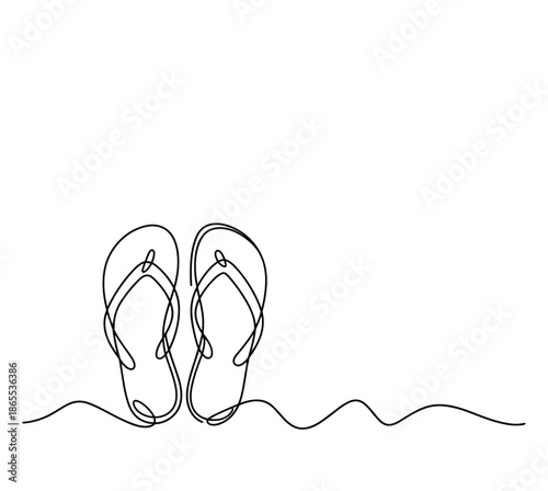 Line art of two flip flops on wavy sand sandal footwear summer.