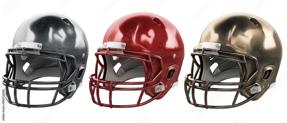 Fototapeta premium Three colored football helmets on white, created AI, PNG