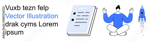 Productivity, mindfulness, creativity, innovation, work-life balance, personal development. A document, meditating person and rocket ideas. Productivity and mindfulness concepts