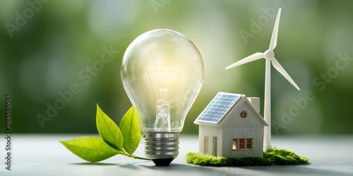 Energy efficiency concept with light bulb, wind turbine, solar panel, leaves, and eco-friendly home on green background showcasing sustainable living practices.