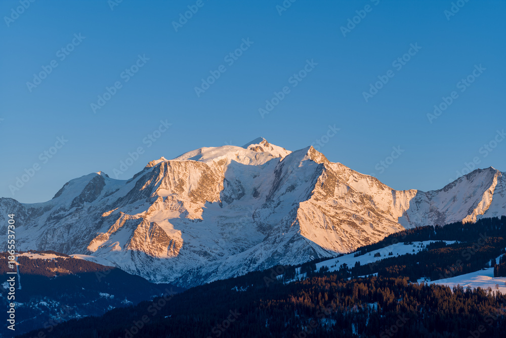 Fototapeta premium Warm evening sunlight bathes the snow-covered Mont Blanc massif, highlighting rugged alpine ridges above dark forested slopes under a clear blue sky.