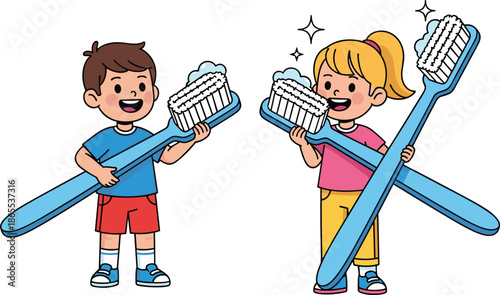 Happy children brushing teeth with oversized toothbrushes promoting dental hygiene, oral care, and healthy habits in fun cartoon style
