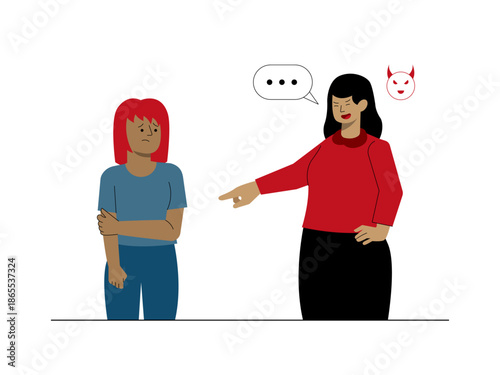 A situation that depicts bullying, workplace harassment, or unhealthy relationship dynamics. Social issues illustration. Flat vector illustration.