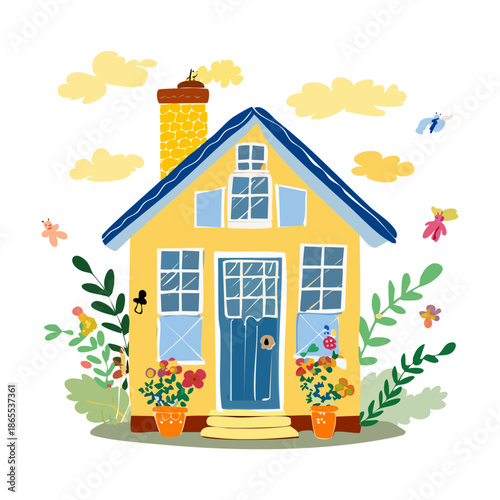 Sunny yellow house with a blue door and lush green plant surroundings for a bright neighborhood illustration