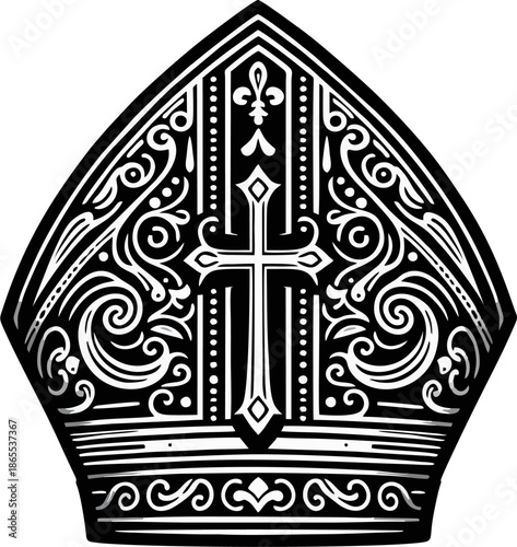 Intricate Black Line Art Bishop Mitre with Fleur de Lis Cross Ornate Filigree Floral and Ribbons Monochrome Vector