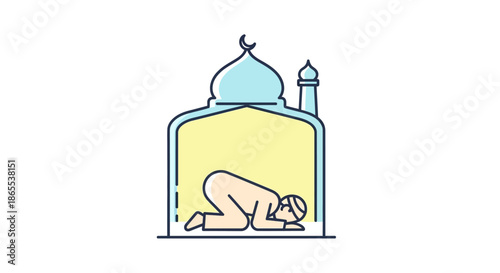 Minimalist vector illustration of a devout person performing Islamic prayer in prostration inside a stylized mosque, symbolizing faith, devotion, and spiritual worship