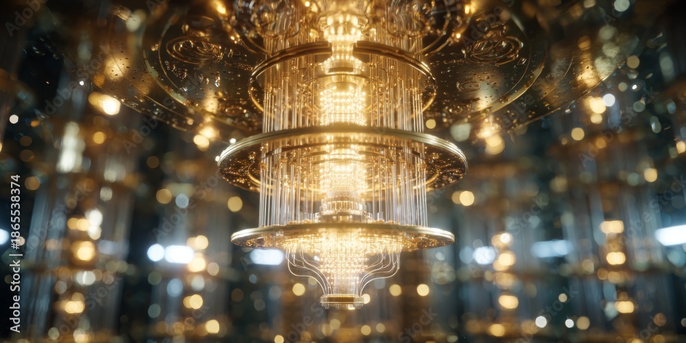 Obraz premium Elegant Abstract Golden Chandelier with Sparkling Lights in a Reflective Environment