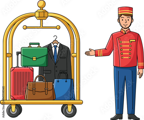 Hotel bellhop with luggage cart assisting guests, showcasing hospitality service, travel concept, uniformed staff, and luxury accommodation vector illustration.