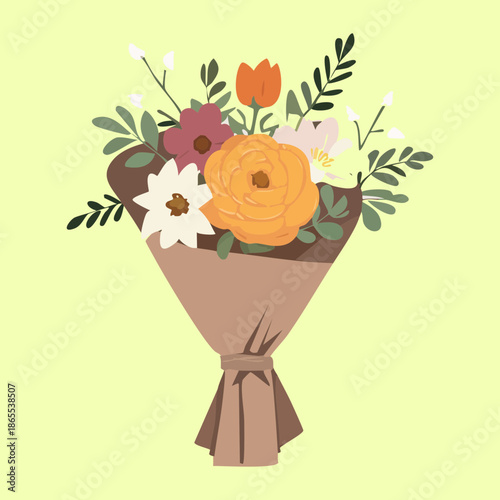 Simple flower plant bouquet with orange blossoms for a warm and bright spring garden nature illustration