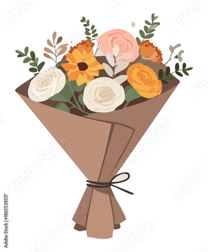 Brown paper wrap with a white and orange flower plant bouquet for a rustic and natural gift