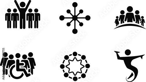 Inclusive community icons set representing diversity, accessibility, social connection, teamwork, family support, celebration, unity, and joyful expression.