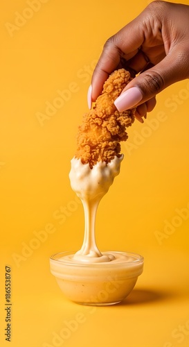 A close-up shot of a hand dipping a crispy fried chicken tender into a creamy, golden cheese sauce, with the sauce dripping back into the bowl against a vibrant yellow background.