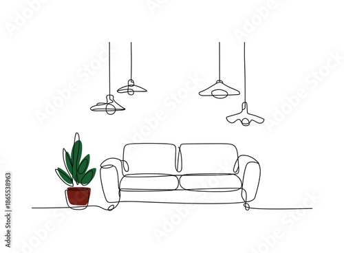 Single line of a sofa with hanging lamps and a potted plant continuous couch.