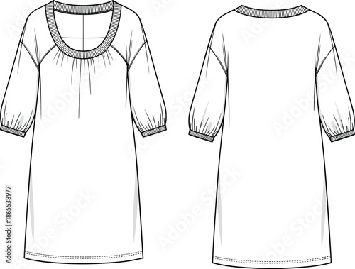 Loose fit tunic top fashion flat sketch with raglan sleeves, ribbed neckline, gathered cuffs, front pleats, back view included