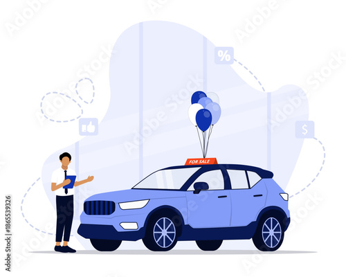 Vehicle sale concept illustration. Suitable for landing page, ui, web, App intro card, editorial, flyer, and banner.