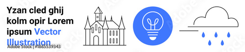 Creativity, innovation, weather, concepts, design , education. Black outline of a castle, a blue light bulb and a cloud with rain droplets. Creativity and innovation themes