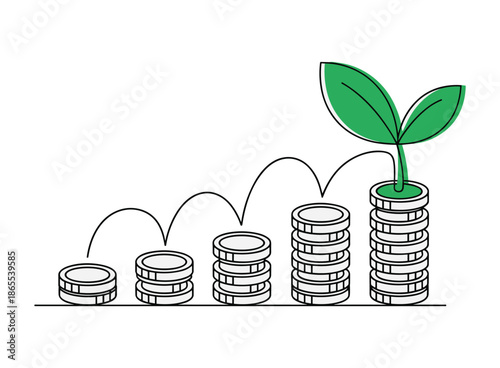 Stacks of coins growing with a green plant sprouting from the tallest stack growth.