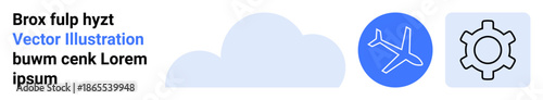 Blue airplane icon, cloud shape, and gray gear element side by side. Ideal for travel, technology, engineering, innovation, cloud computing, aviation and a simple landing page