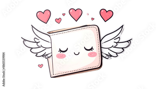 Cartoon wallet with closed eyes, wings, and hearts floating around