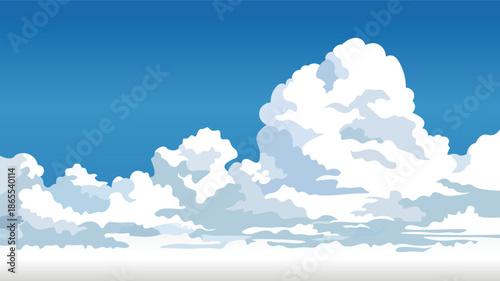 Blue sky with fluffy white clouds illustration background in flat style
