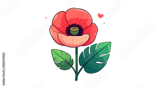 Stylized illustration of a poppy flower with green leaves and floating hearts