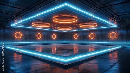 Wallpaper Mural Empty square room with Industrial Futuristic Blue Orange Lights Cement Grunge Concrete Glossy Dark Underground Parking Garage Torontodigital.ca