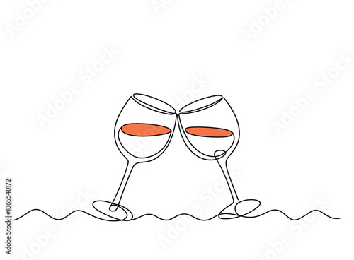 Two wine glasses clinking with coral liquid on wavy line toast celebration.