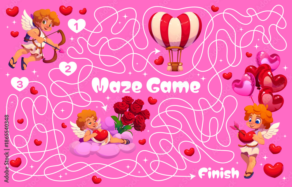 Fototapeta premium Labyrinth maze game with Valentine cherub cupids and hearts, vector cartoon worksheet for kids. Puzzle quiz game with labyrinth maze to help cupid angel to find way or road to cherub with hearts