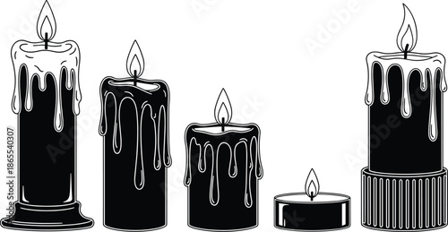 Set of five hand-drawn melting candles with flames in black and white, perfect for decorative, spiritual, and seasonal vector designs.