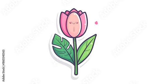 Cartoon flower sticker with a pink bloom, green leaves, and smiling face on a black backdrop