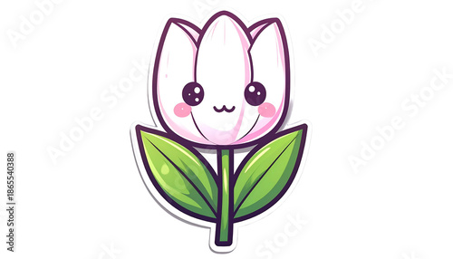 Cute cartoon tulip with blushing cheeks, smiling face, and vibrant green leaves