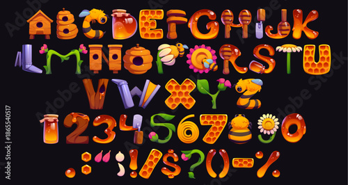 Cartoon honey bee font, apiary typeface, beekeeping type, sweet english alphabet. Funny kid font vector typography set with honey jar, bee, honeycomb and hive letters and numbers. Cute beehive abc