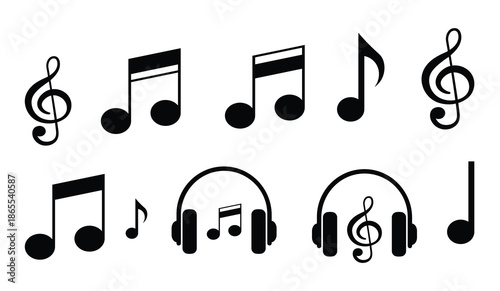 Music note and headphone icon set with treble clef symbols in black style