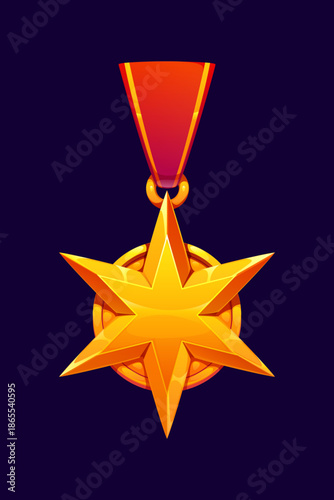 Golden game medal award and victory star badge for achievement trophy, vector icon. Winner medal of gold star with six points for game top rating or ranking trophy with chevron ribbon