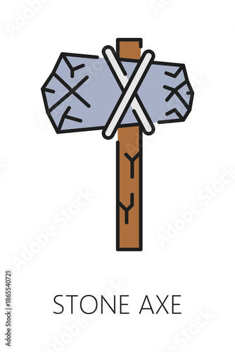 Museum and art gallery exhibition color line icon of stone axe, vector pictogram. Archeology museum or paleontology gallery exhibition outline icon of prehistoric work tool or ancient stone ax exhibit