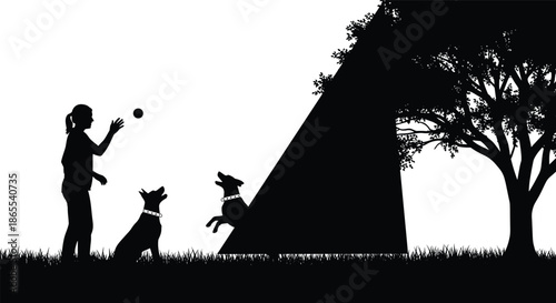 Silhouette of person playing with dogs outdoors near tent and tree, capturing joyful pet interaction in nature camping scene.