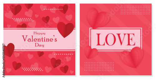 Happy Valentine’s Day banner and poster with red hearts and LOVE text