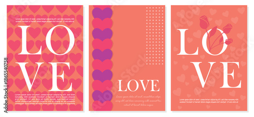 Valentine’s Day LOVE typography poster set with heart pattern background