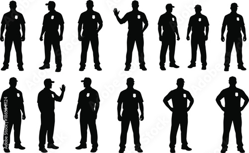 Police officer silhouette set, law enforcement poses, security guard uniform, authority concept, safety service, protection, isolated illustration