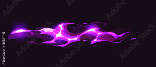 Cartoon game magic power wave of wizard glow vfx light effect, vector swirl trail. Magic wand spell or energy power shine with neon purple sparkles in wave flow of wizard spell blast in motion effect