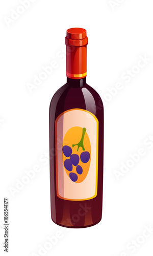 Cartoon grape wine alcohol beverage in dark bottle. Vector red wine bottle with front label and red cap. Vector beverage features dark red wine in glass bottle with cork cap for menu and invitations