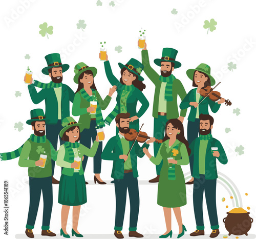 Happy people celebrating St. Patrick's Day with green attire and drinks