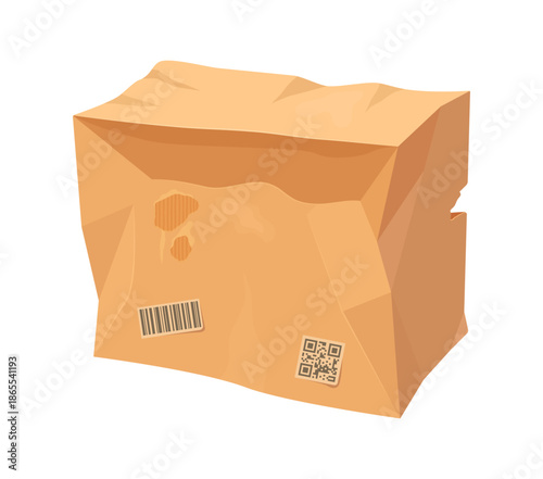 Crumpled damaged delivery vector box, broken ripped parcel cardboard package with wrinkled and dented surfaces, barcode sticker and rough paper texture. Logistic accident, unsafety packaging
