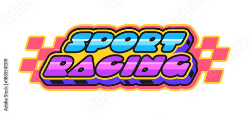 Automobile speed race motorsport Y2K retro sticker or print. Rally championship Y2K vector patch, speed sport racing grand prix label. Motorsport retro tag with rounded blue and pink colors typography