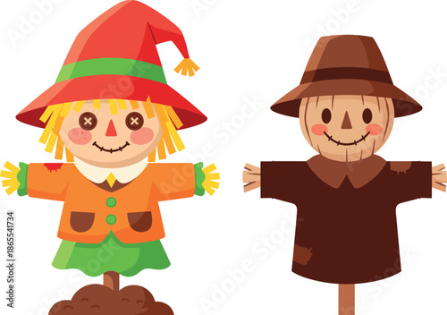 Vector illustration of cute cartoon scarecrows with red witch hat and brown tunic isolated on white background